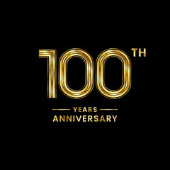 100th  Anniversary logo design with golden numbers and text for anniversary celebration event, invitation, wedding, marriage, greeting card, banner, poster, flyer, brochure. Logo Vector Template