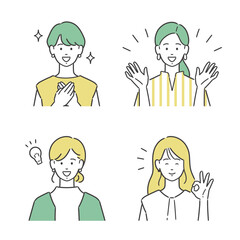 ハッピーな表情の女性イラストセット