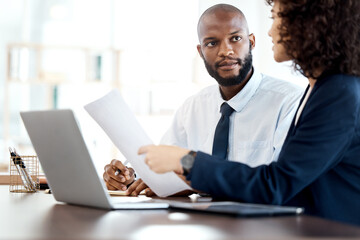 Documents, planning and meeting black people or clients accounting strategy, finance and taxes or...