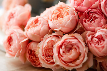 Bouquet of beautiful pink roses close-up. Beautiful flowers, defocus background, greeting card. Mother's Day Banner, Wedding, Birthday With Copy Space