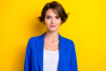 Portrait of confident pretty cute bob brown hairstyle young entrepreneur girl wear blue jacket...