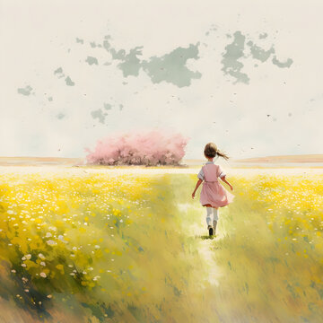 child running in the field - watercolor portrait