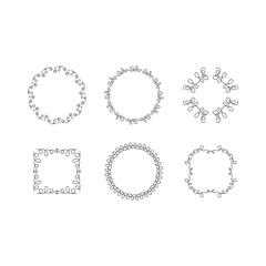 Set of vintage hand drawn vector circle shapes design elements, signs and symbols templates for your logotype, emblems. Collection of simple doodles frames, isolated on white background