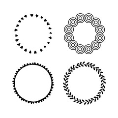 Set of vintage hand drawn vector circle shapes design elements, signs and symbols templates for your logotype, emblems. Collection of simple doodles frames, isolated on white background