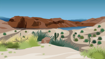 Cacti on the sand near the lake near the rock - obrazy, fototapety, plakaty