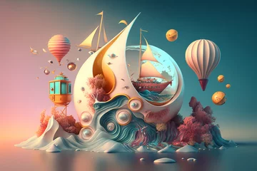 Poster Generative AI of a fantasy landscape with a ship, a sailboat, a lighthouse, a hot air balloon and a planet. © LAYHONG