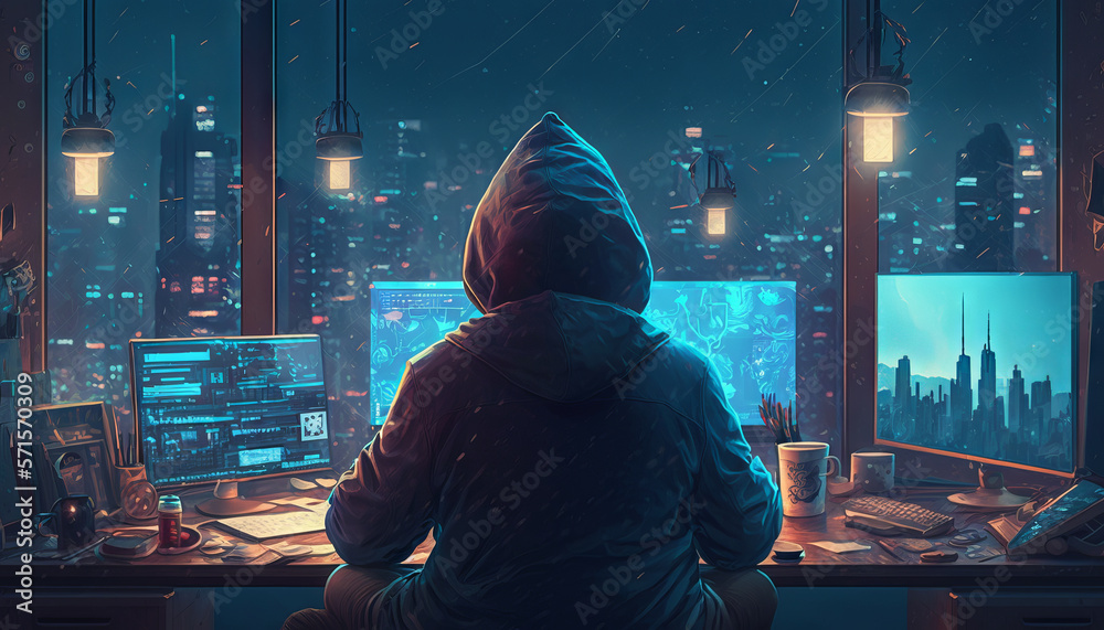 Poster a hacker in a hoodie sitting in front of a computer monitor and looking at the city at night. the co