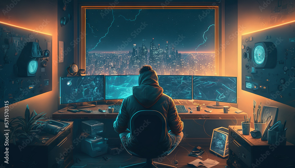 Poster a hacker sitting in front of a computer monitor with a glowing city in the background. generative ai