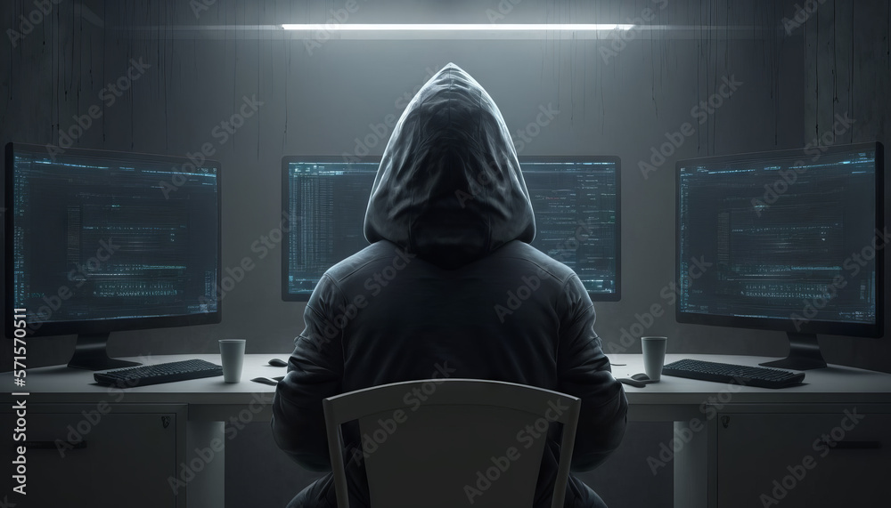 Poster hooded hacker sitting in front of computer screens in dark room. generative ai