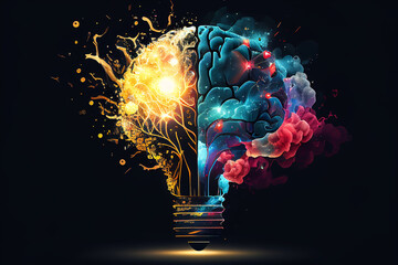 Creative Idea with Brain and Light Bulb Illustration. Generative Ai