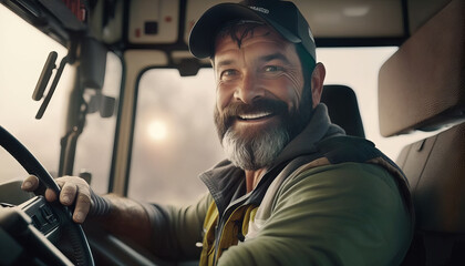 Portrait of a smiling mature delivery man driving a truck in the city. Generative AI