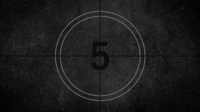 Black and White Universal Countdown Movie Leader. Countdown Clock from 10 to 0. Old film rolling effect 