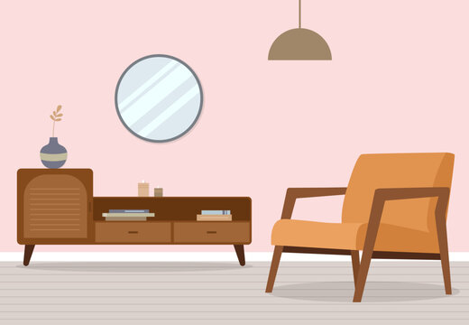 Illustration of minimalistic mid century furniture interior room vector stock design