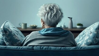 old elder person sitting on a sofa from behind alone, isolation loneliness 3rd age, realistic, blue color - obrazy, fototapety, plakaty