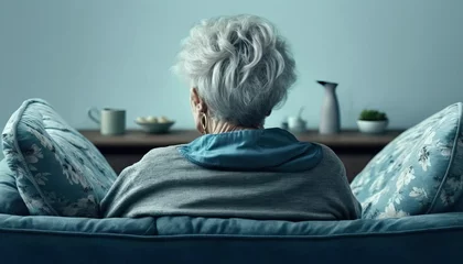Fotobehang old elder person sitting on a sofa from behind alone, isolation loneliness 3rd age, realistic, blue color © Alistair