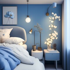 Element of cozy bedroom in modern apartment with new interior, sconces lamp on blue wall and flowers at nightstand table near comfortable bed - generative ai