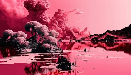 Fototapeten surealistic pink landscape with lake, hills and sky © Alistair