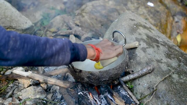 Cooking through Water Stream in Wilderness of Himachal