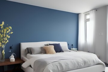 Fototapeta na wymiar Element of cozy bedroom in modern apartment with new interior, sconces lamp on blue wall and flowers at nightstand table near comfortable bed - generative ai