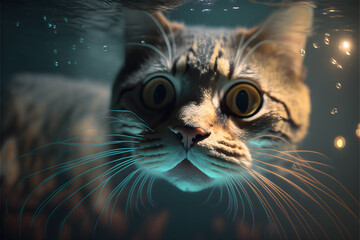 The cat swims in the water selfie view created with generative AI technology
