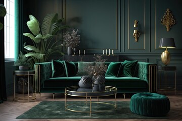 Luxury living room in house with modern interior design, green velvet sofa, coffee table, pouf, gold decoration, plant, lamp, carpet and elegant personal accessories. Template. Generative AI
