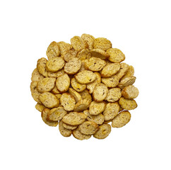 Handful of croutons isolated on white background. Copy space, close-up, top view, flat lay. 