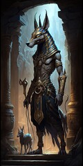 Anubis, the Egyptian god, is depicted in a fantastical setting standing in front of a collapsed temple. Generative AI