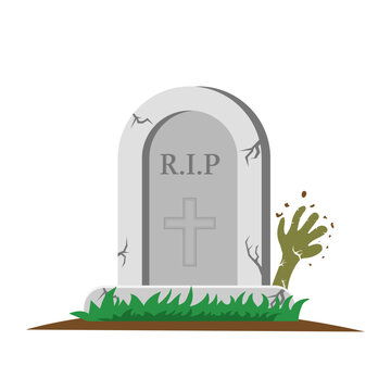 Grave and hand of zombie. Halloween concept. Gravestone and arm of a dead man. Spooky and scary. Zombie gets out of the grave. Vector image