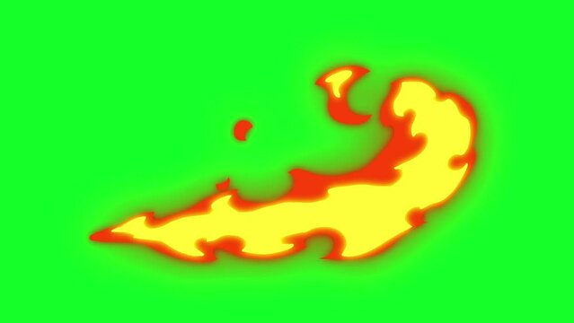 Cartoon fire loop transition animation on green screen. Cartoon fire animation with key color. Chroma key, 4K video