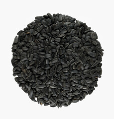 Handful of sunflower seeds isolated on white background. Copy space, top view, close-up. 