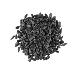 Handful of sunflower seeds isolated on white background. Copy space, top view.
