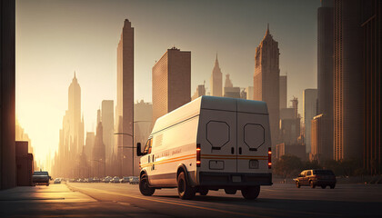 Delivery van on the road with city skyline in the background. Generative AI