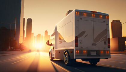 delivery van on the road at sunset. Generative AI