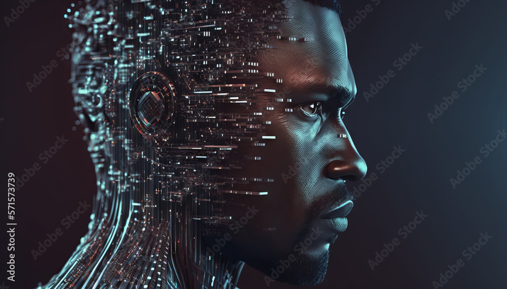 Poster generative ai of a male cyborg head with binary code.