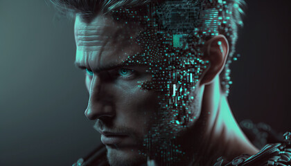 Portrait of a futuristic man with artificial intelligence. Generative AI