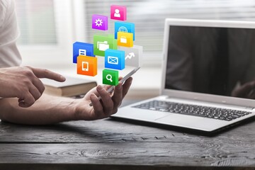 Digital marketing concepts, person works with infographic