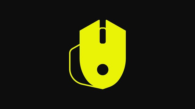 Yellow Computer mouse gaming icon isolated on black background. Optical with wheel symbol. 4K Video motion graphic animation