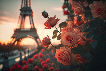 Blooming roses and Eiffel tower create a romantic scene in Paris. Based on Generative AI - obrazy, fototapety, plakaty