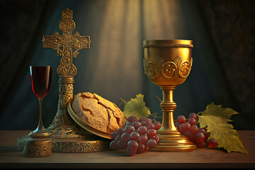 Holy communion picture showing a golden chalice with grapes and bread. Generative Ai.