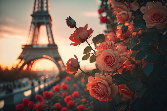 Blooming roses and Eiffel tower create a romantic scene in Paris. Based on Generative AI