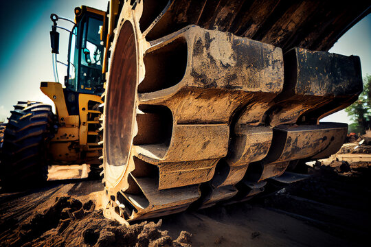 Focus on the black rubber wheels of a yellow bulldozer at a construction site