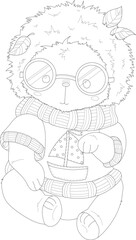 Cute cartoon hedgehog in sweater sketch template. Graphic vector illustration in black and white for games, background, pattern, decor. Cildrens story book, coloring paper, page. Print for fabrics