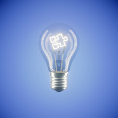 Bright light bulb with a jigsaw puzzle piece on a blue background, 3d rendering, creativity concept, new ideas, teamwork and togetherness