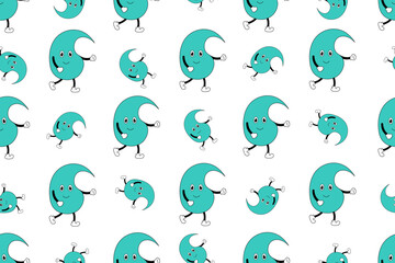 Seamless pattern with mascot water drops with face, legs and hands isolated on white background.