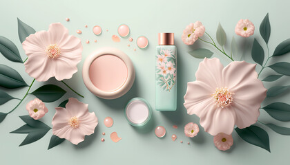 image of homemade cosmetics ingredients leaves and flowers around on a mint table background. Aroma theme. Organic cosmetics, spa concept. Empty space, flat lay, top view, generative ai
