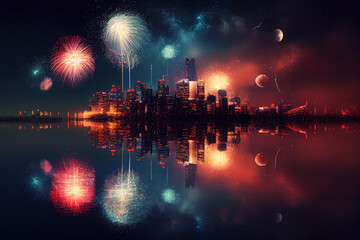 Obraz premium fireworks exploding over a city skyline with reflections in the water. Generative Ai