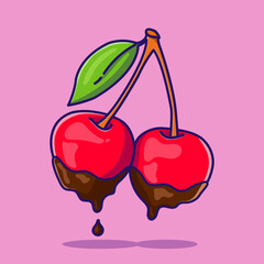 cartoon cherry in chocolate on a branch, multicolored doodle icon. Vector illustration with chocolate cherry berries with a leaf