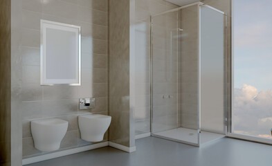 Fototapeta na wymiar Modern bathroom including bath and sink. 3D rendering.. Blank paintings. Mockup.