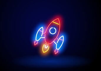 Neon Alien spaceship game icon. Funny flying rocket, ufo shuttles neon collection illustrations isolated on dark background. Fantasy cosmic objects, computer game graphic design elements