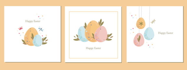 Set of decorative Easter cards. wreath, bunny and Easter egg decor